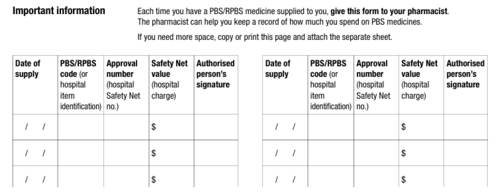 Image of a blank Services Australia prescription record form showing the fields to be completed by the patient’s pharmacist.