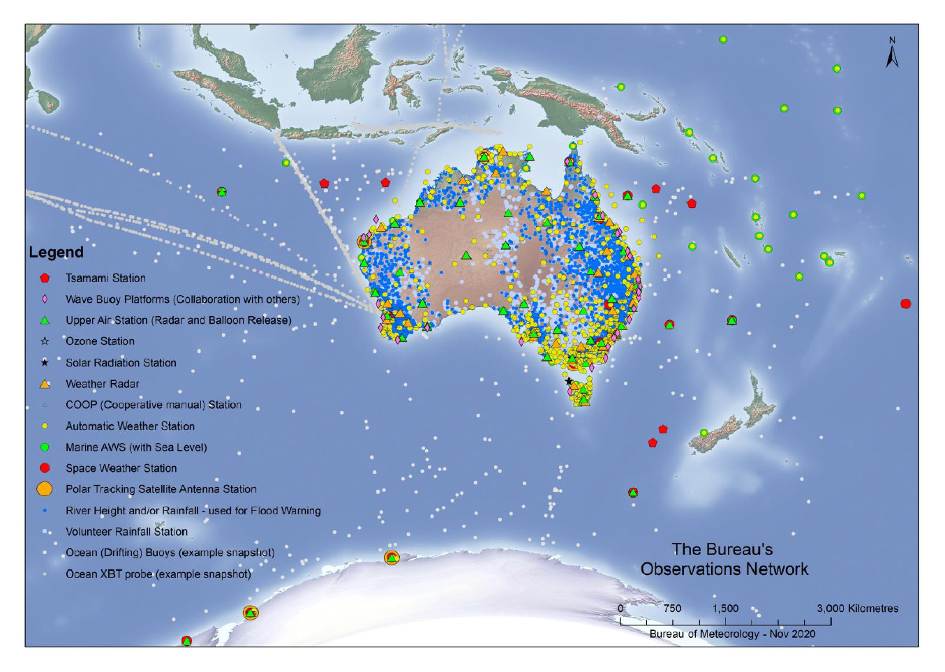 A map of Australia and the surrounding oceans. It shows a high density of observing network stations across most of the Australian landmass, and additional stations spread throughout the ocean.