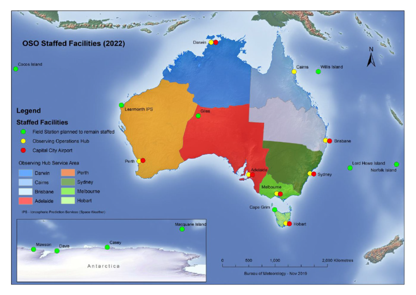 A map of Australia divided into eight sections based around the Observing Operations Hubs at Adelaide, Brisbane, Cairns, Darwin, Hobart, Melbourne, Perth, and Sydney.