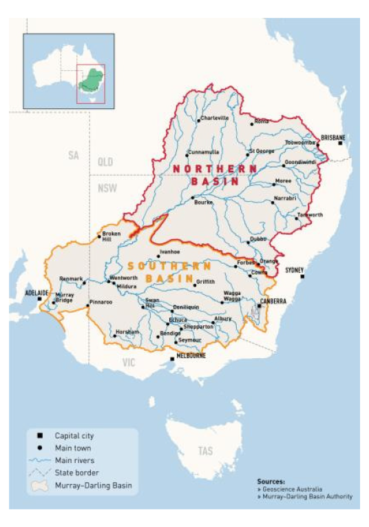 The figure shows the location of the Murray–Darling Basin, which stretches over Queensland, New South Wales, Victoria, the Australian Capital Territory and South Australia. It is divided into Northern Basin and Southern Basin.