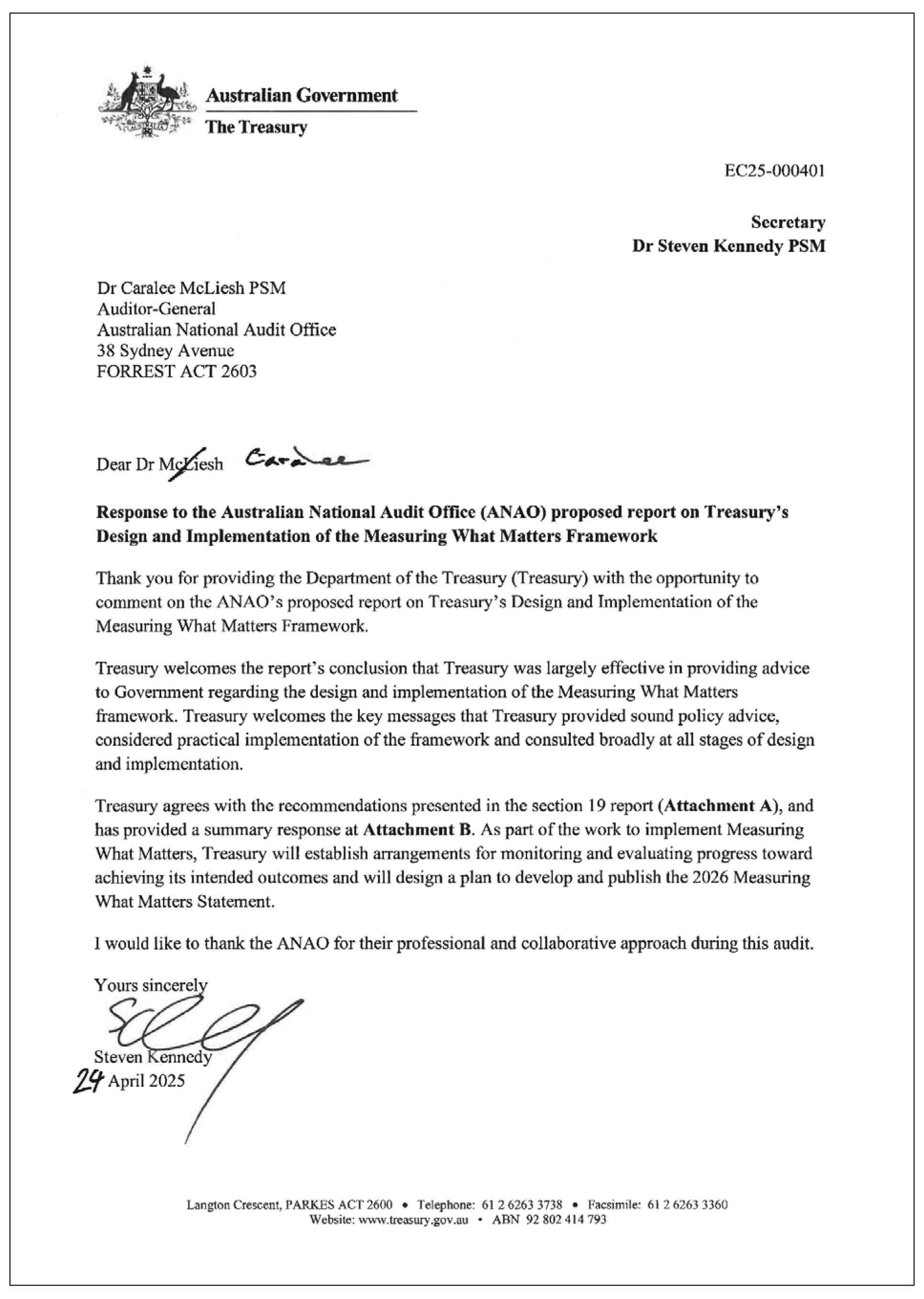 Page one of the response from Treasury. A summary of the response can be found in the summary and recommendations chapter.