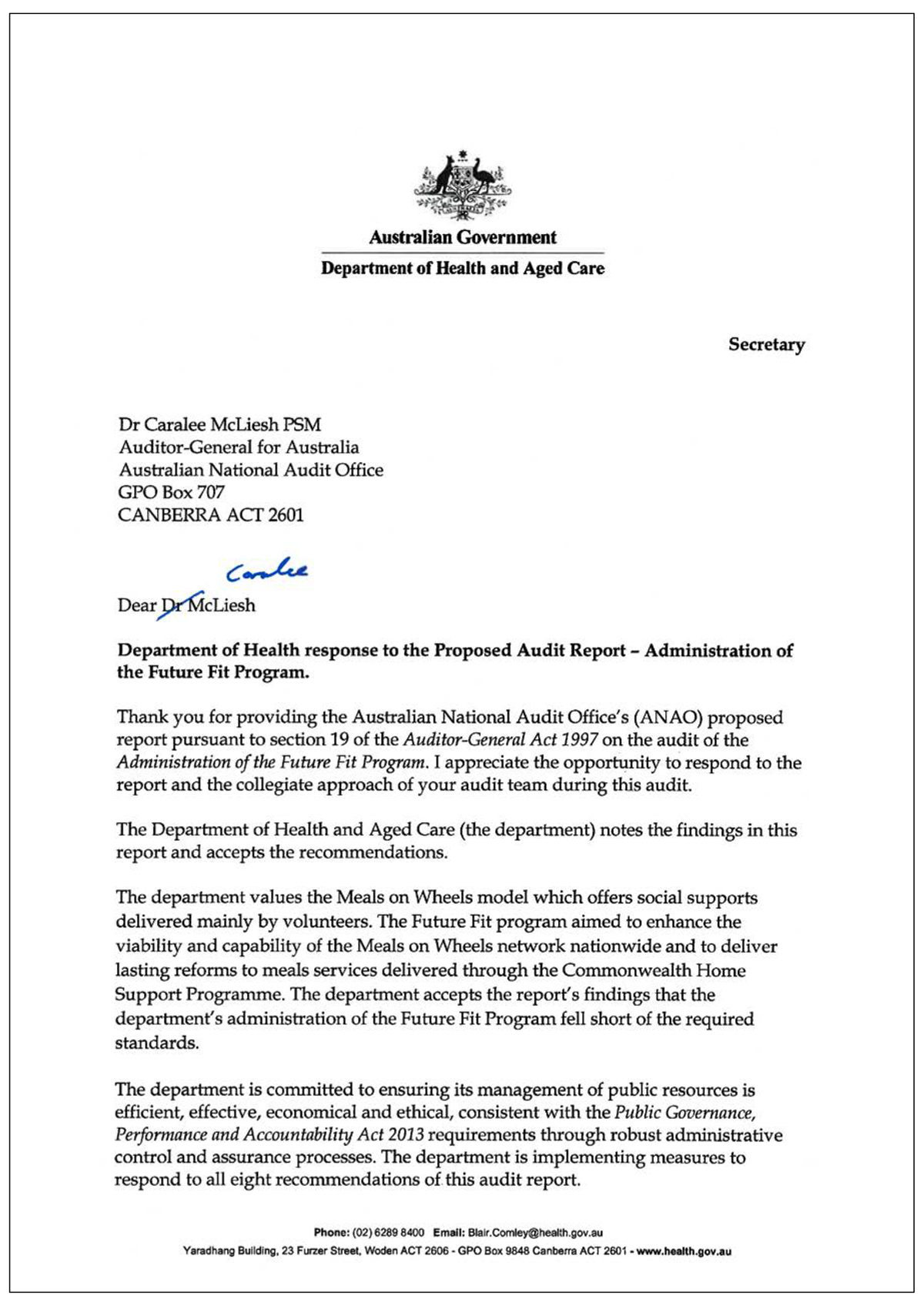 Page one of the response from DHDA. A summary of the response can be found in the summary and recommendations chapter.
