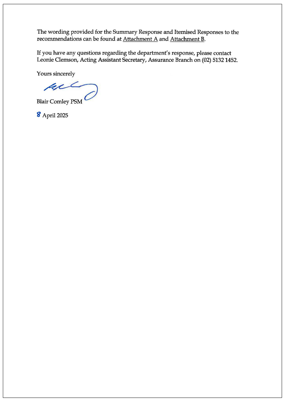 Page two of the response from DHDA. A summary of the response can be found in the summary and recommendations chapter.