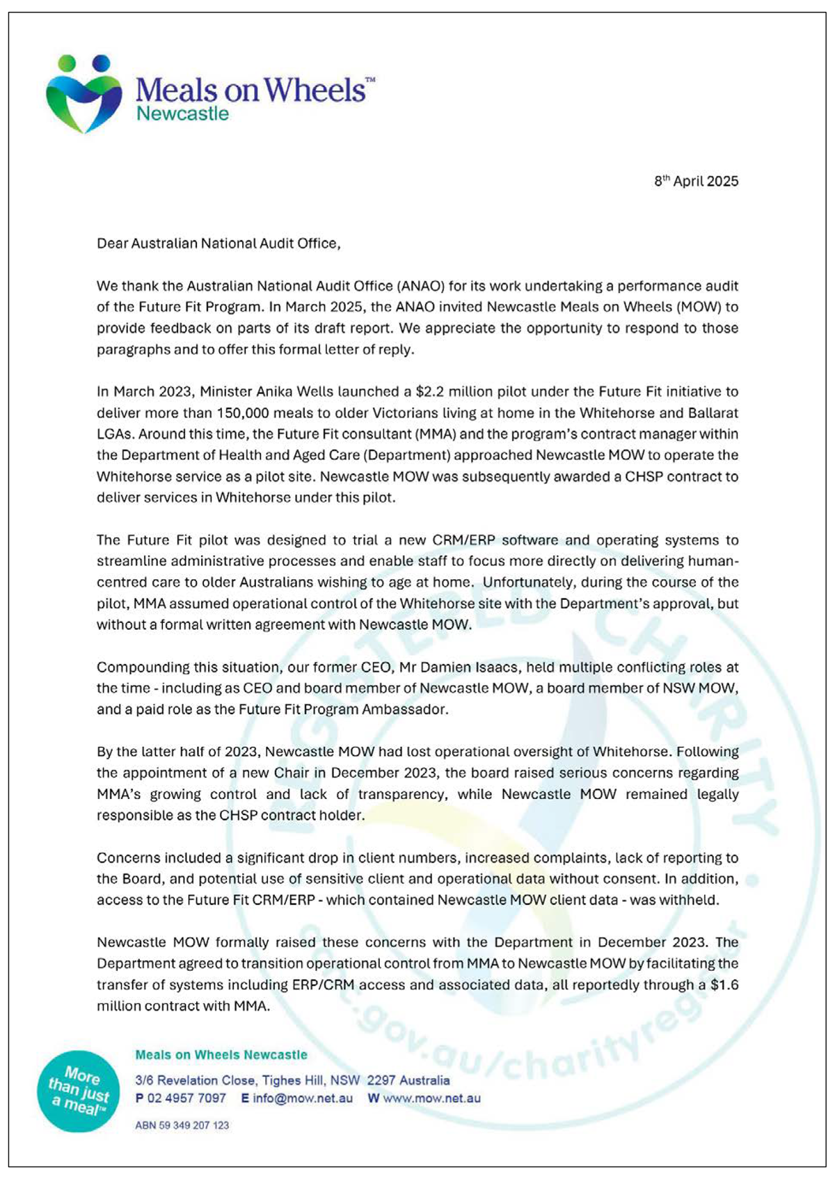 Page one of the response from Meals on Wheels. A summary of the response can be found in the summary and recommendations chapter.