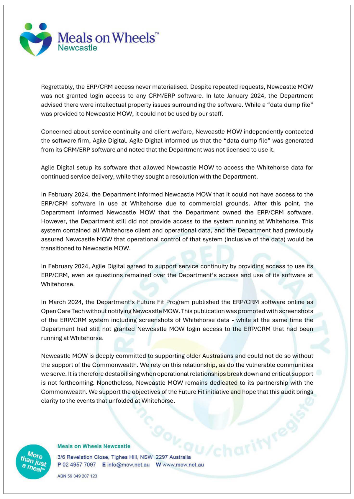 Page two of the response from Meals on Wheels. A summary of the response can be found in the summary and recommendations chapter.