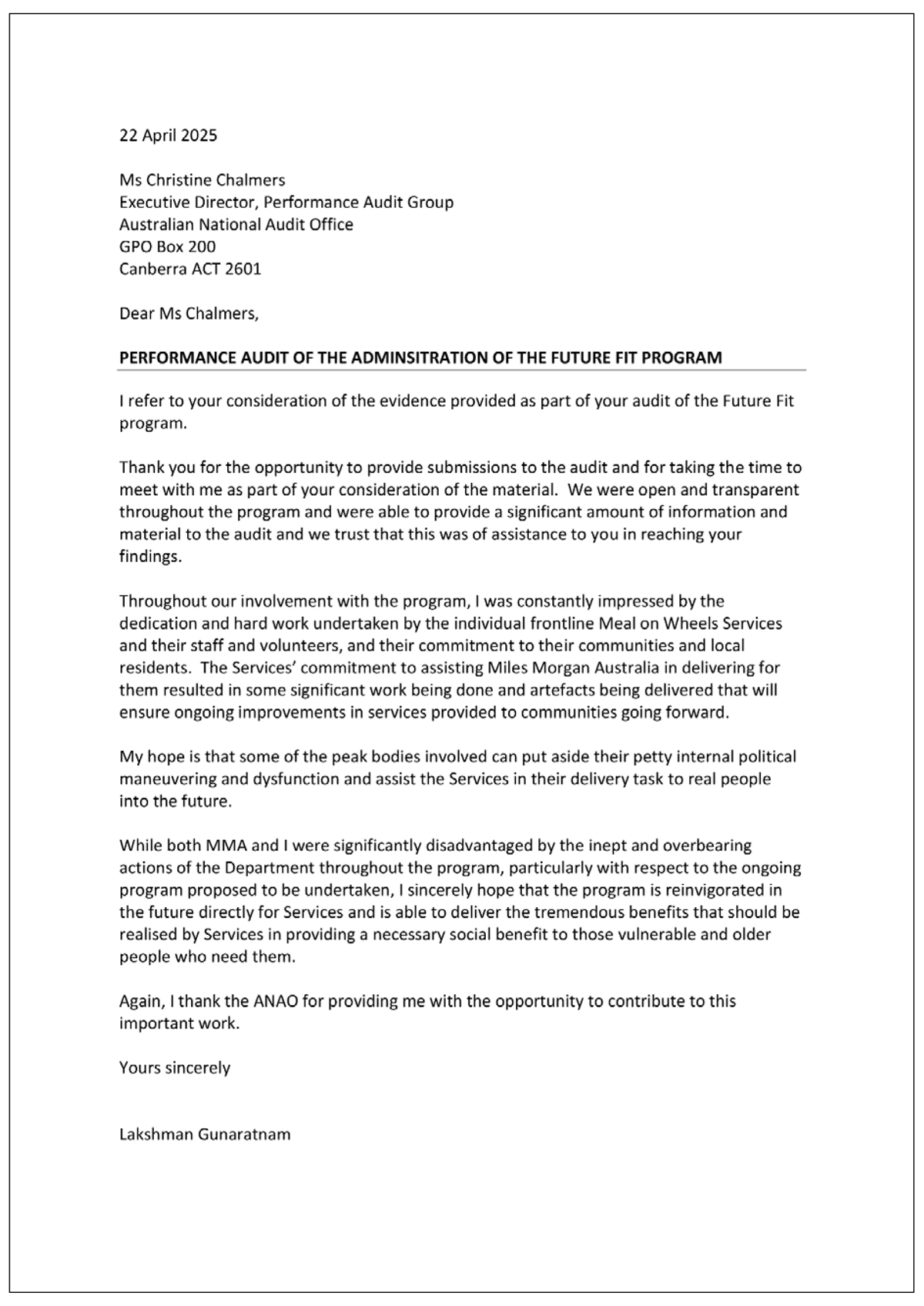 Page one of the response from Representatives of Miles Morgan Australia. A summary of the response can be found in the summary and recommendations chapter.