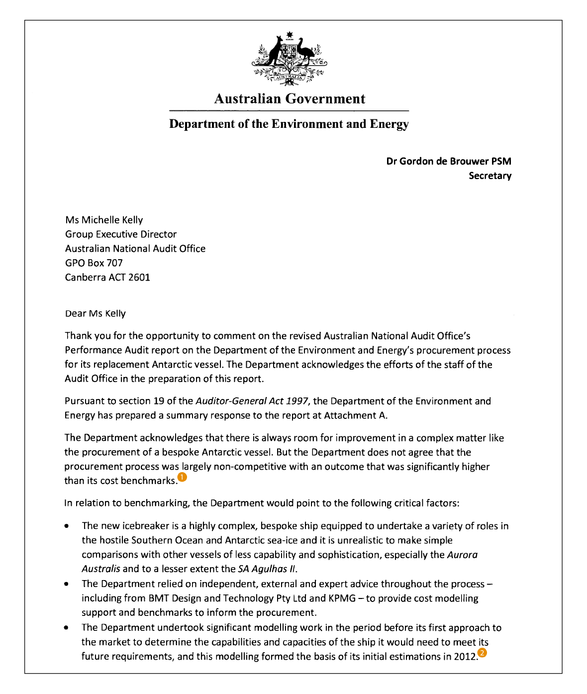 Department of the Environment and Energy response page 1