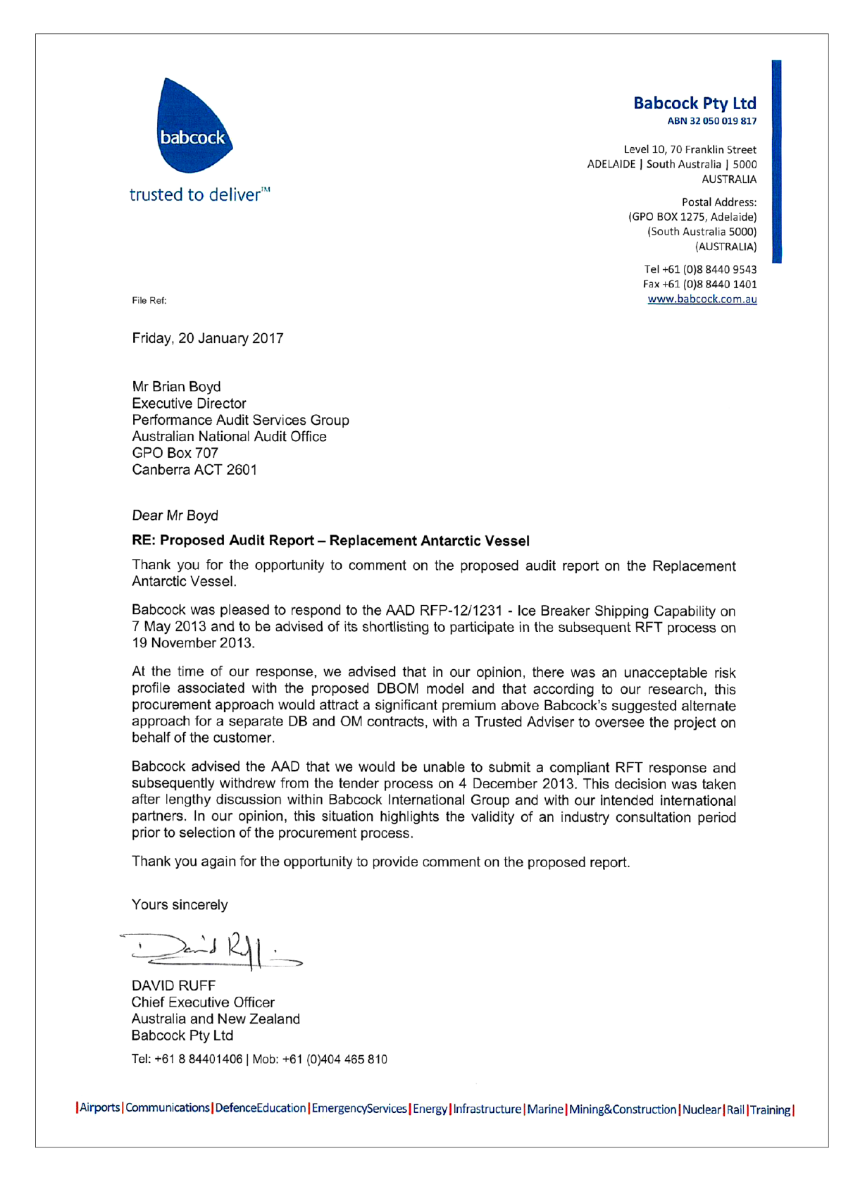 Babcock Pty Ltd response letter