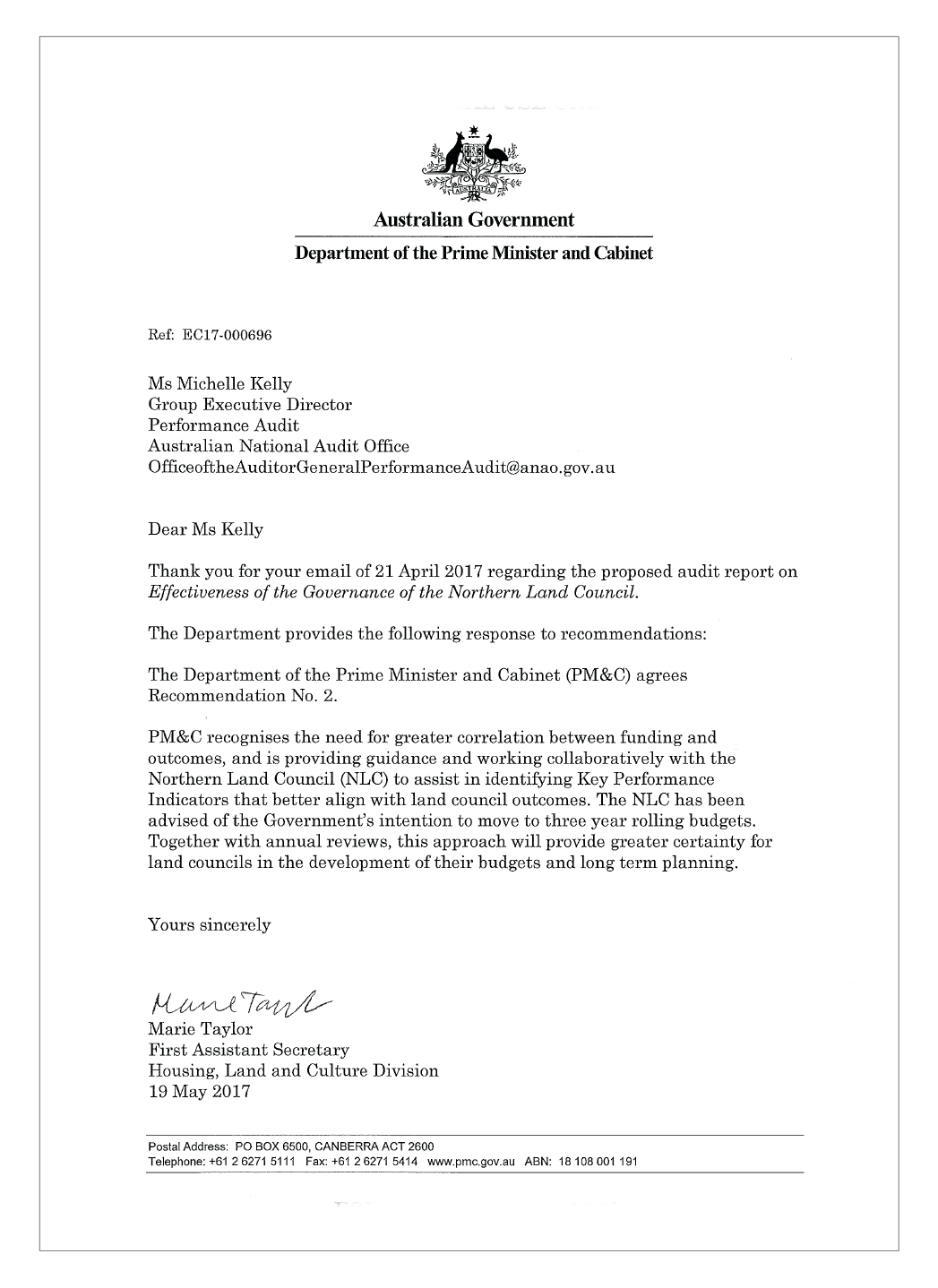 PM&C response letter