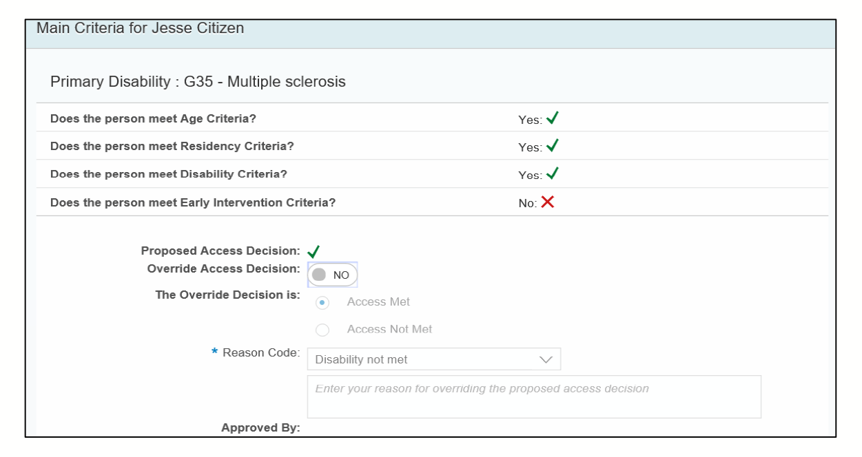 A screenshot of the proposed access decision screen from the NDIA’s ICT system.