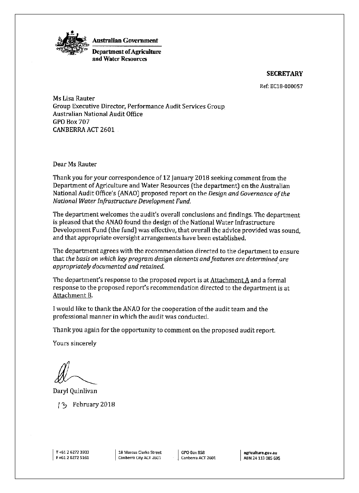 Department of Agriculture and Water Resources response letter page 1