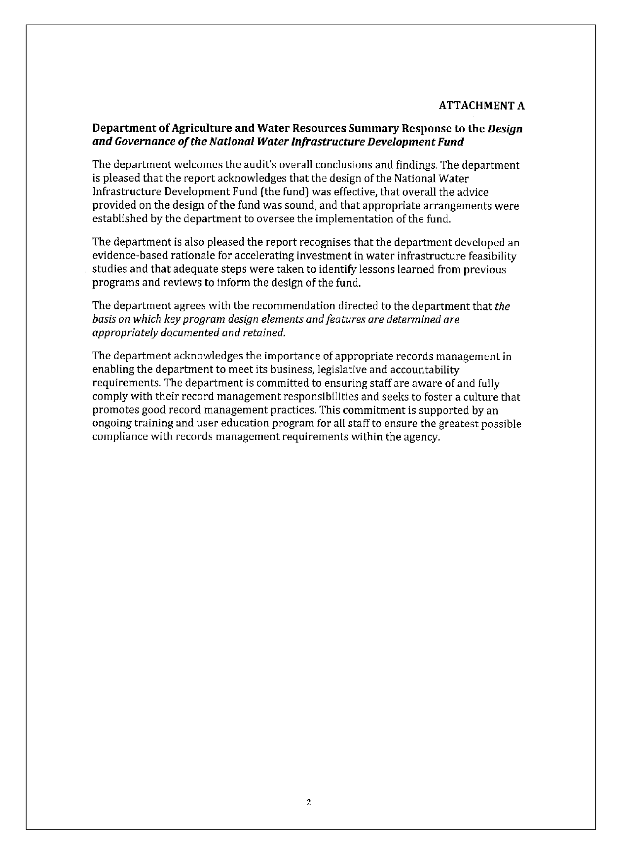 Department of Agriculture and Water Resources response letter attachment A