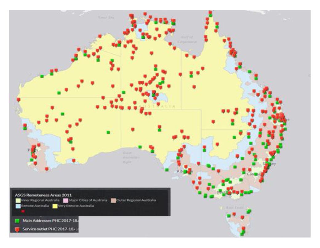 A graphic depicting the map of Australia with markings showing the geographical distribution of the healthcare facilities receiving IAHP primary healthcare funding.