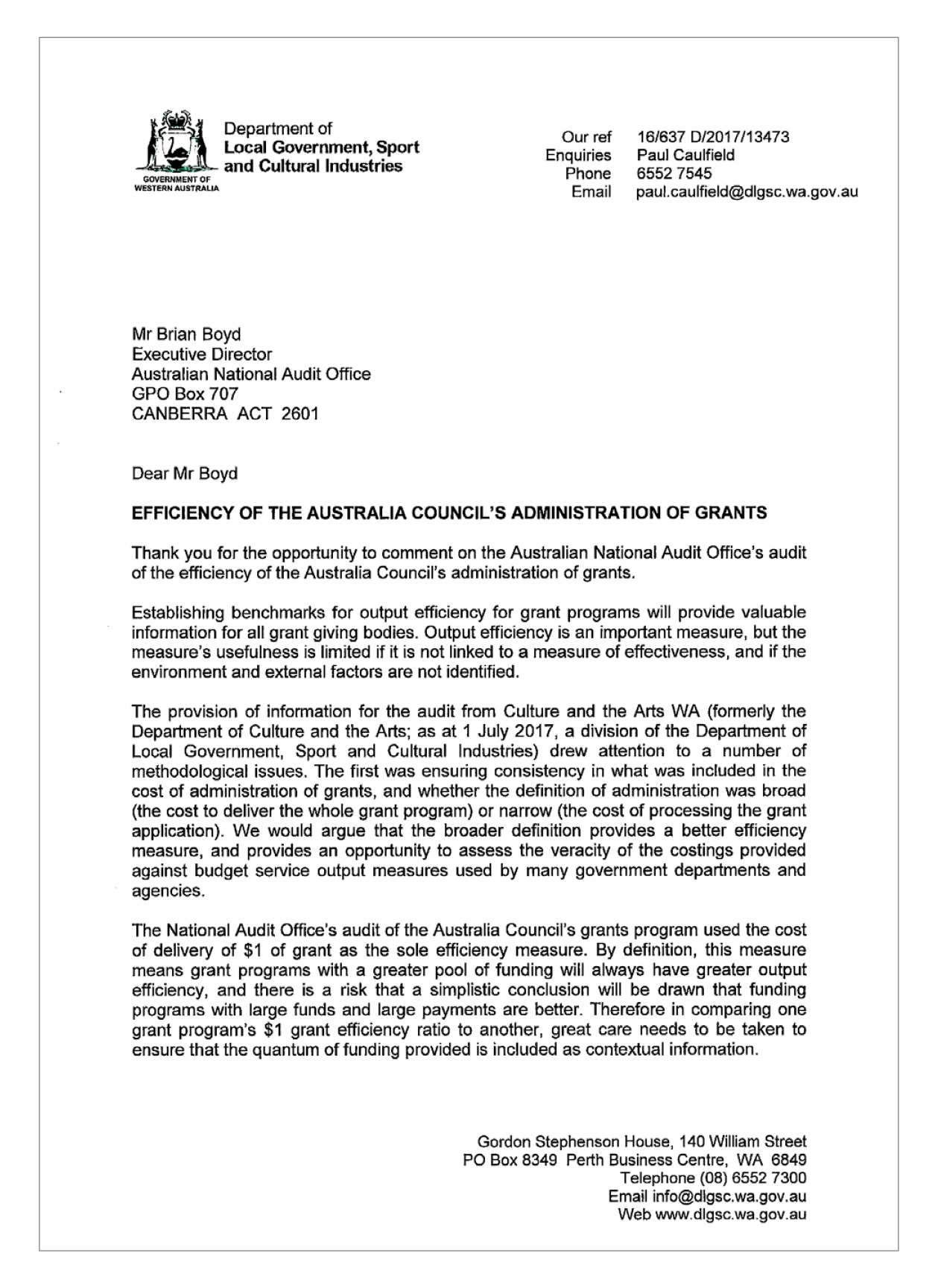 Response letter, Department of Local Government, Sport and Cultural Industries