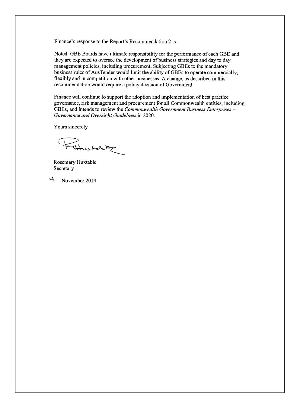 Page 2 of the Department of Finance's response