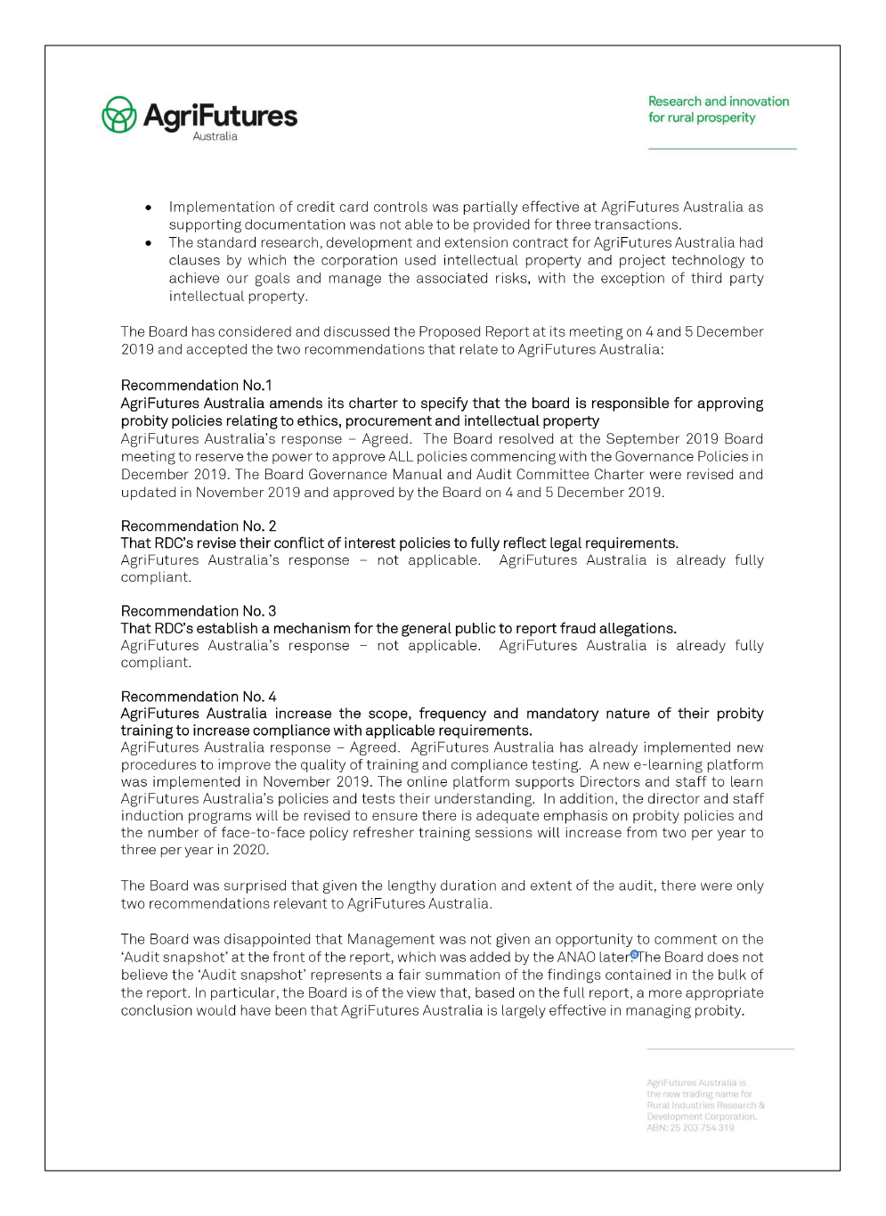 AgriFutures letter of response page 2 of 3