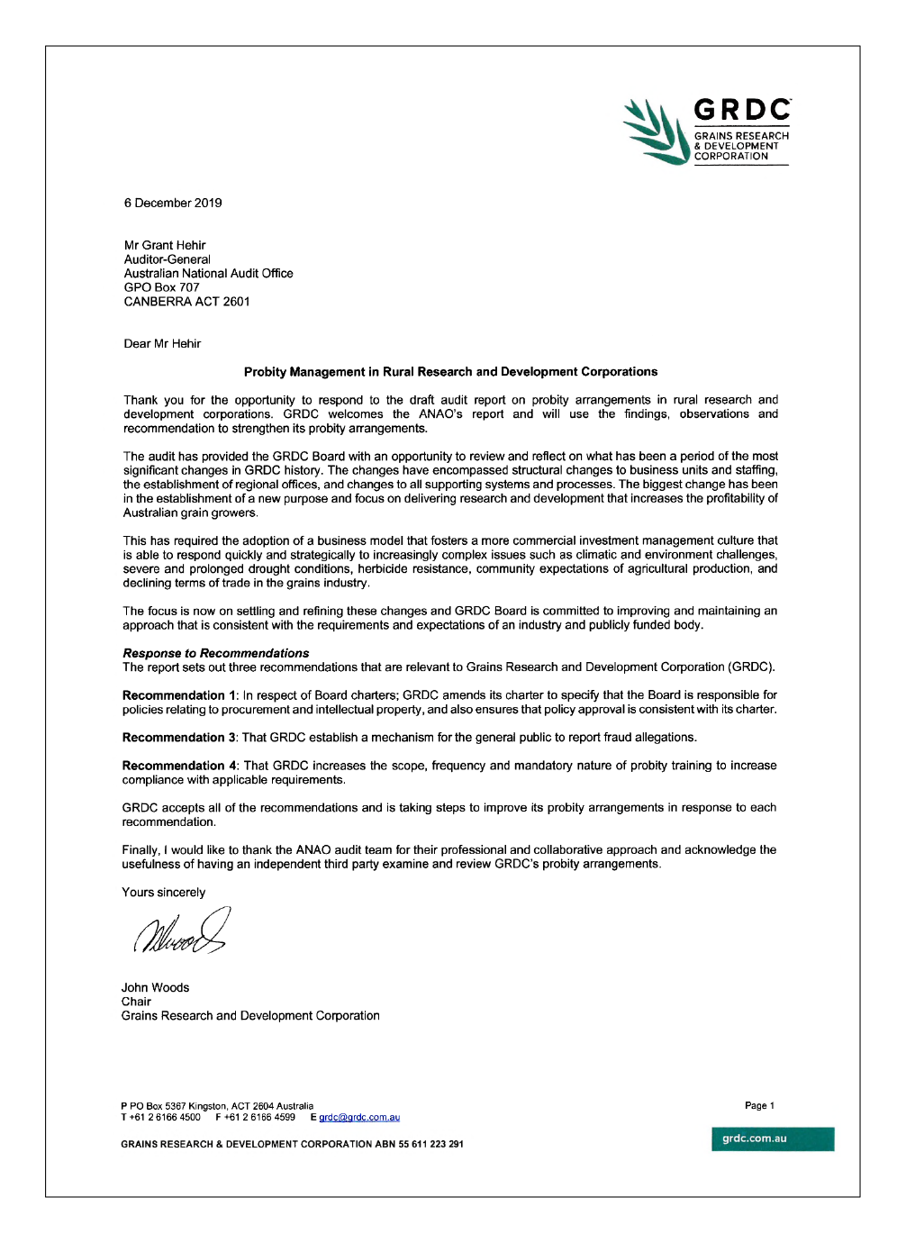 Grains Research and Development Corporation letter of response page 1 of 1