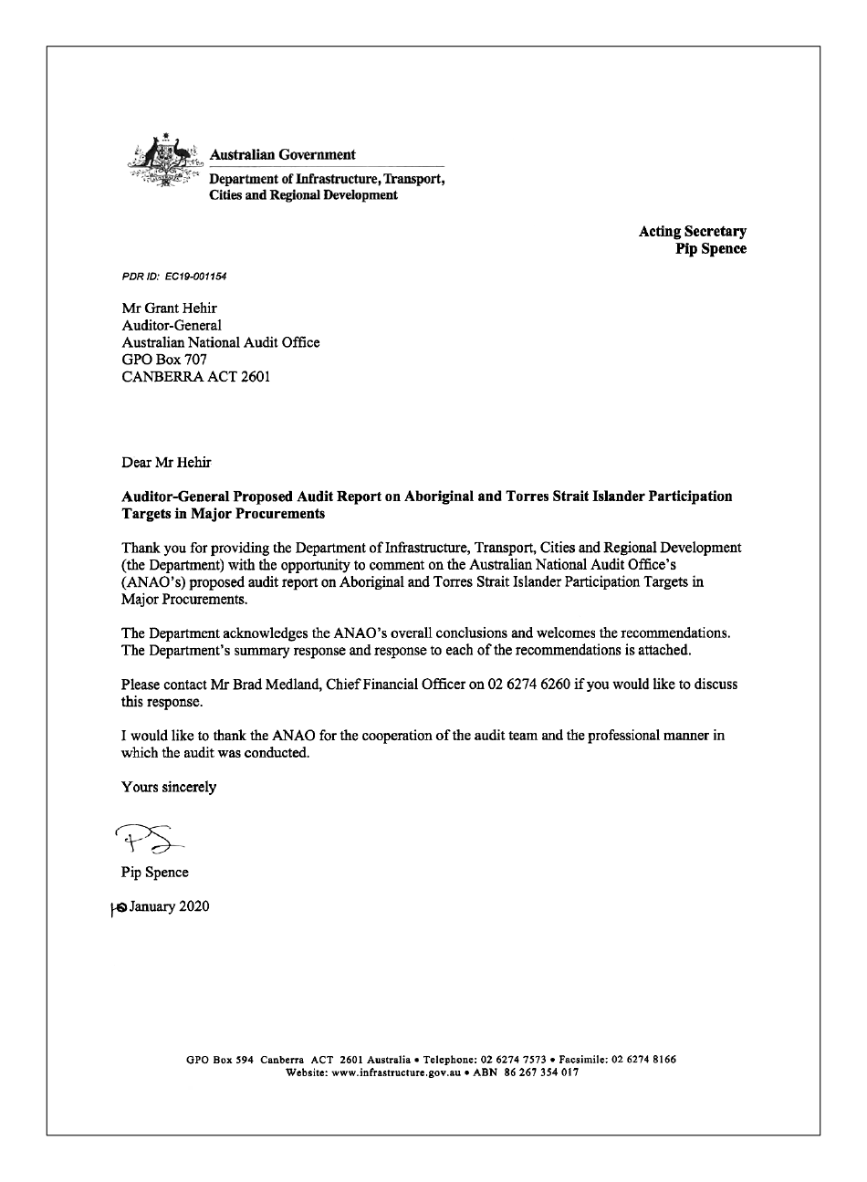 Department of Infrastructure, Transport, Regional Development and Communications - letter of response, page 1 of 1