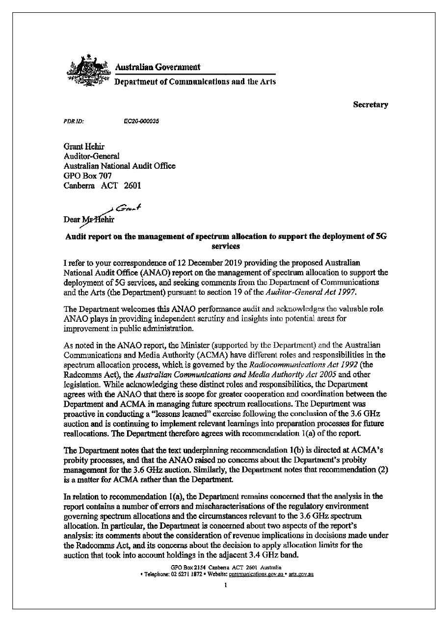 Page 1 of the response from the Department of Communications and the Arts