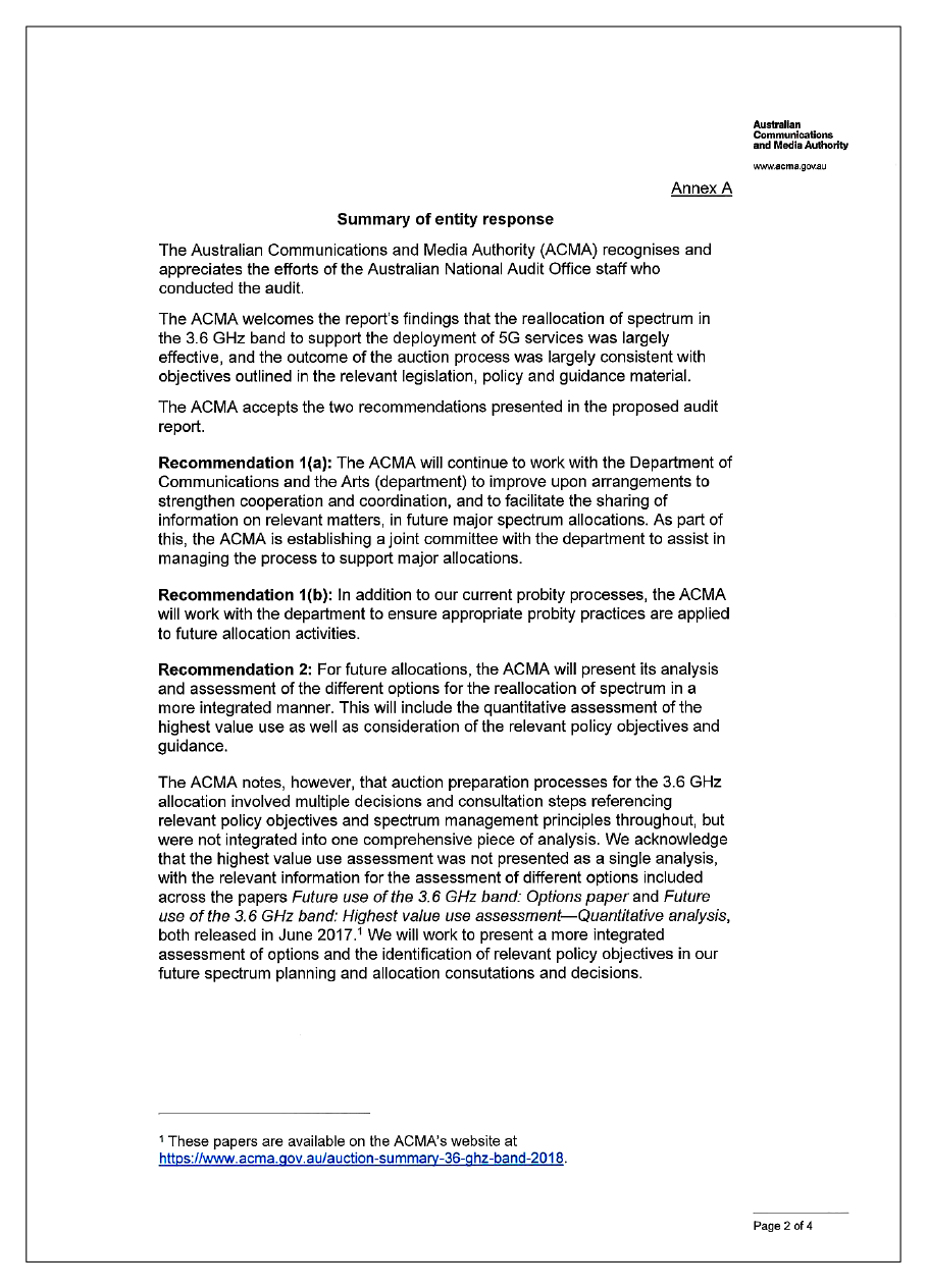 Page 2 of the response from ACMA