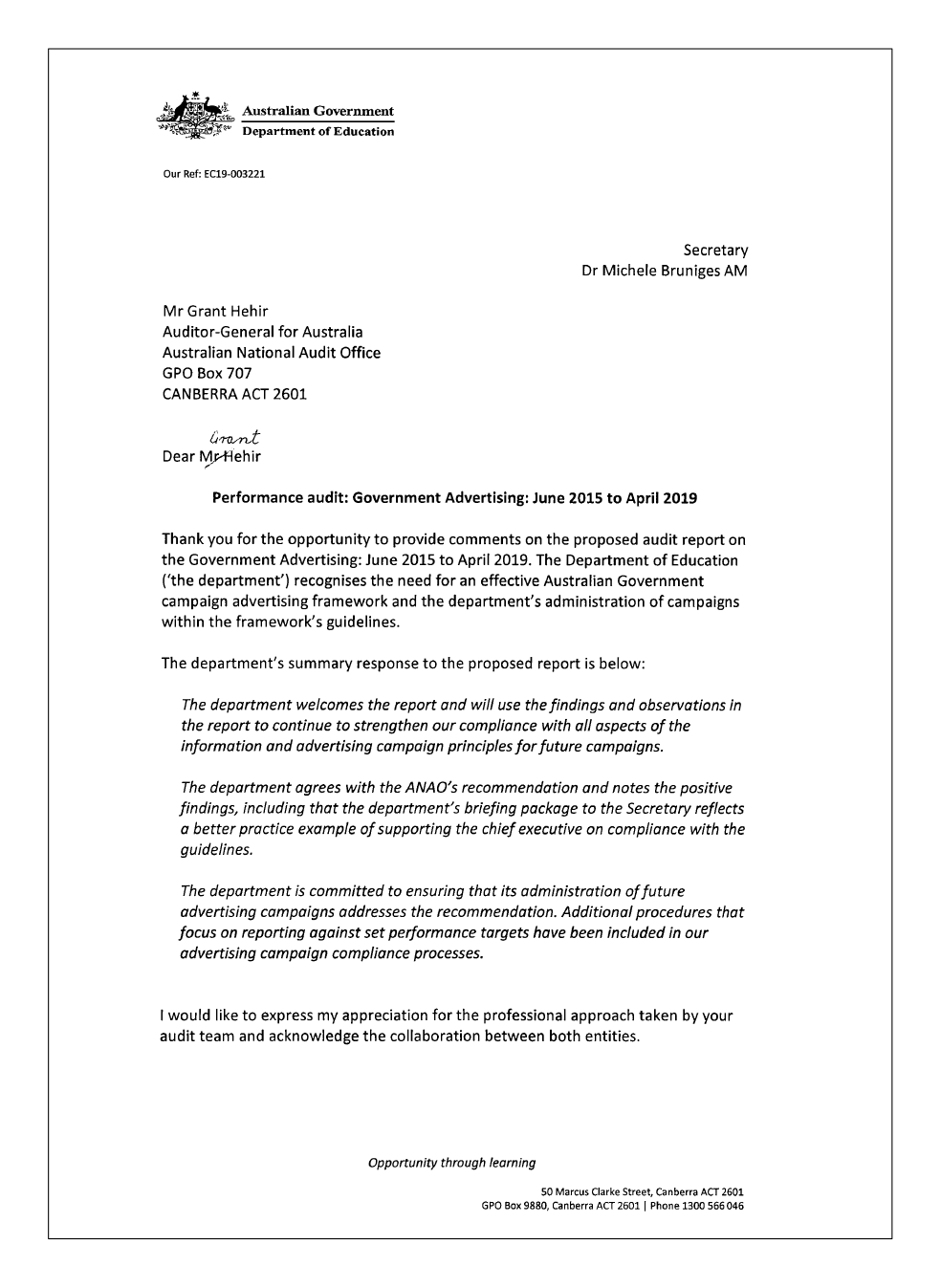 Page 1 of the Department of Education's response