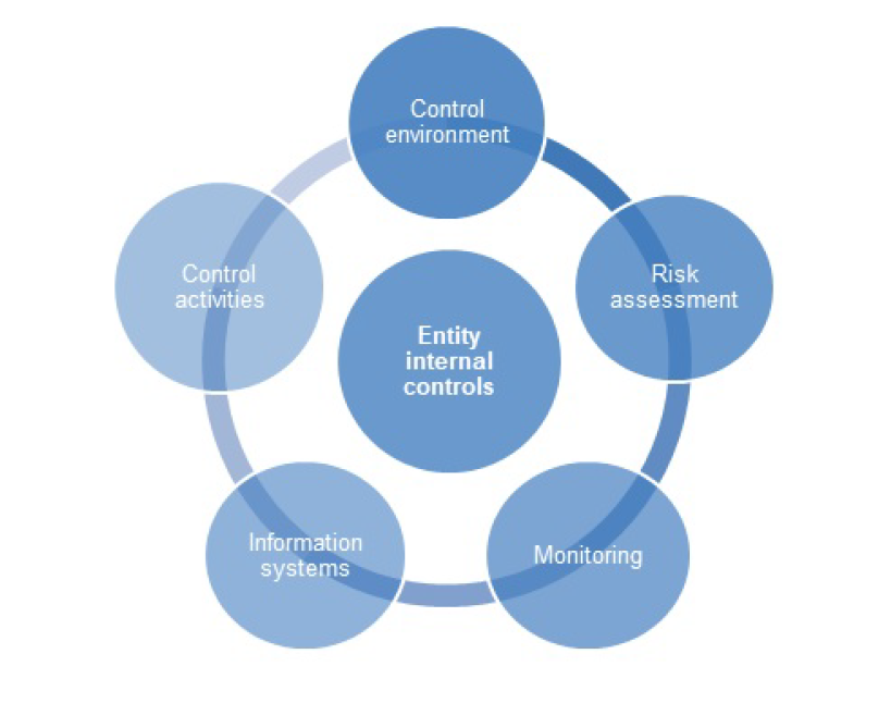 Figure 1.2 outlines the 5 elements of an entities intern control framework consisting of: Control Environment; Risk Assessment; Monitoring; Information Systems; and Control Activities, as per ASA 315