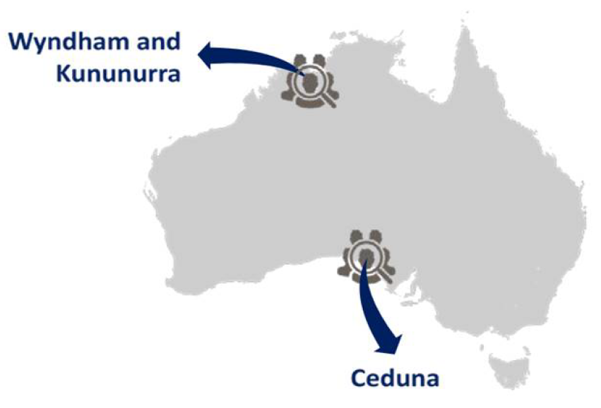 A map of Australia showing the Cashless Debit Card trial locations of Wyndham, Kununurra and Ceduna. 