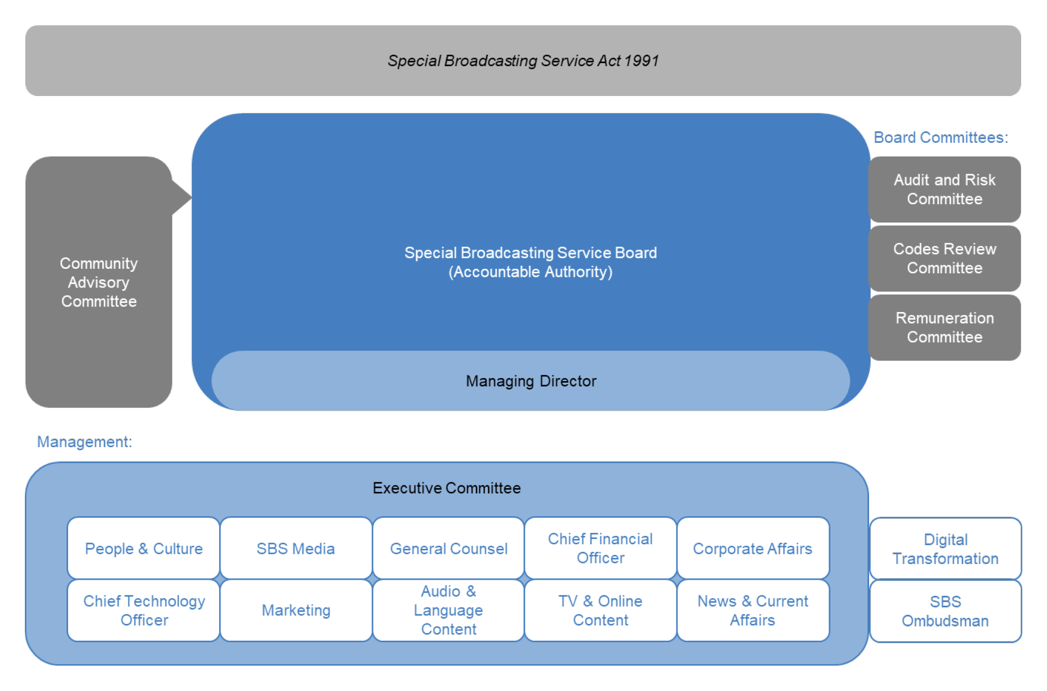 A diagram illustrating the governance structure of the SBS.  The diagram shows the relationship between the SBS Board and its committees