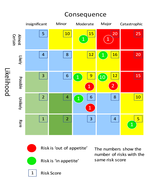 A presentation of the SBS risk matrix with the SBS’ top 20 risks illustrated in the matrix.