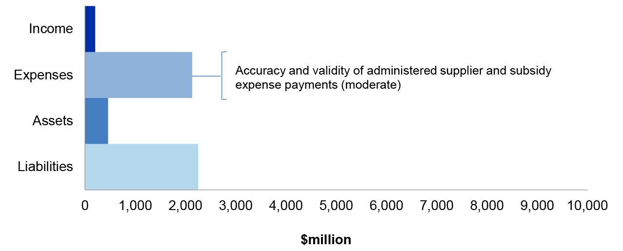 Figure 3.17.2 shows Jobs’ administered estimated actuals for the year ended 30 June 2019 as per the 2018-19 Portfolio Budget Statements, categorised by financial statement classification of, income, expenses, assets and liabilities, with the key areas of financial statements risk as per Table 3.17.3.