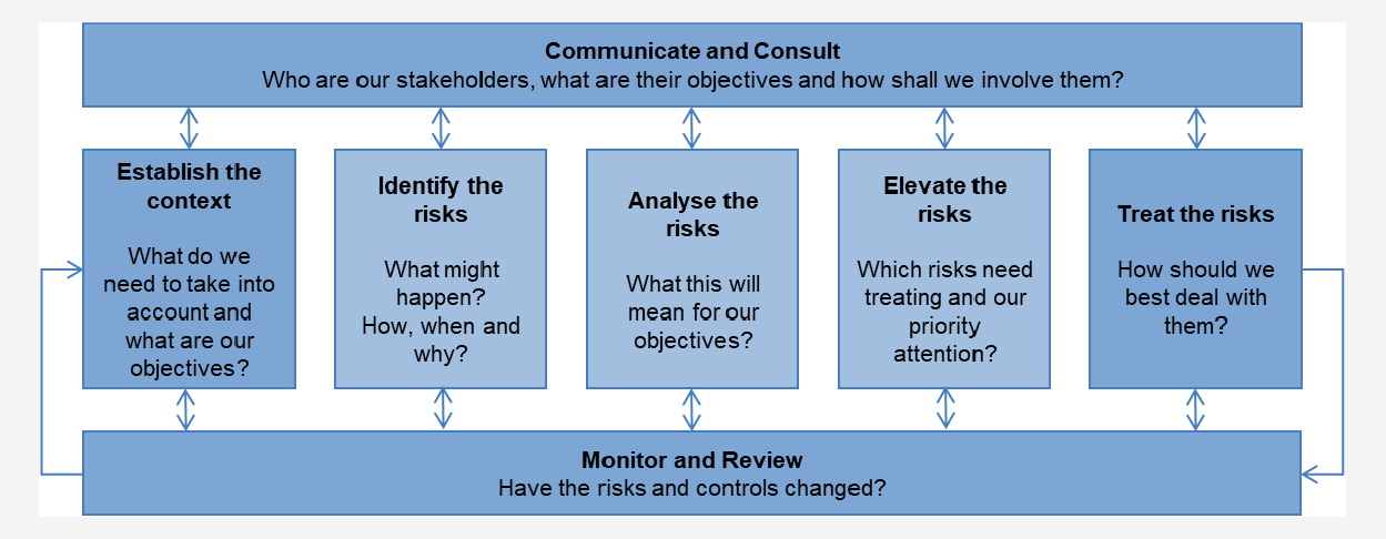 A figure showing the seven elements of risk management, including five consecutive activities: establish the context; identify the risks; analyse the risks; elevate the risks; treat the risks, and two continuous activities that apply throughout the proces