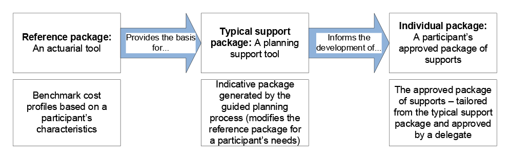 A diagram that explains how typical support packages are used in participant planning. The diagram shows that the reference package provides the basis for the typical support package, which is an indicative support package generated by the guided planning