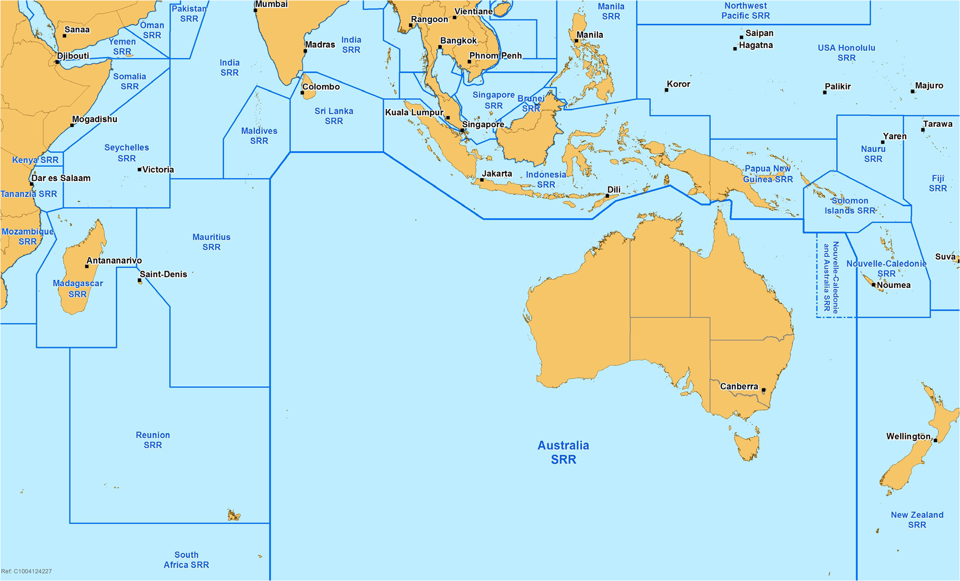 This is a detailed map of Australia’s search and rescue region which is nearly 53 million square kilometres and covers the Australian continent and large areas of the Indian, Pacific and Southern Oceans as well as the Australian Antarctic Territories