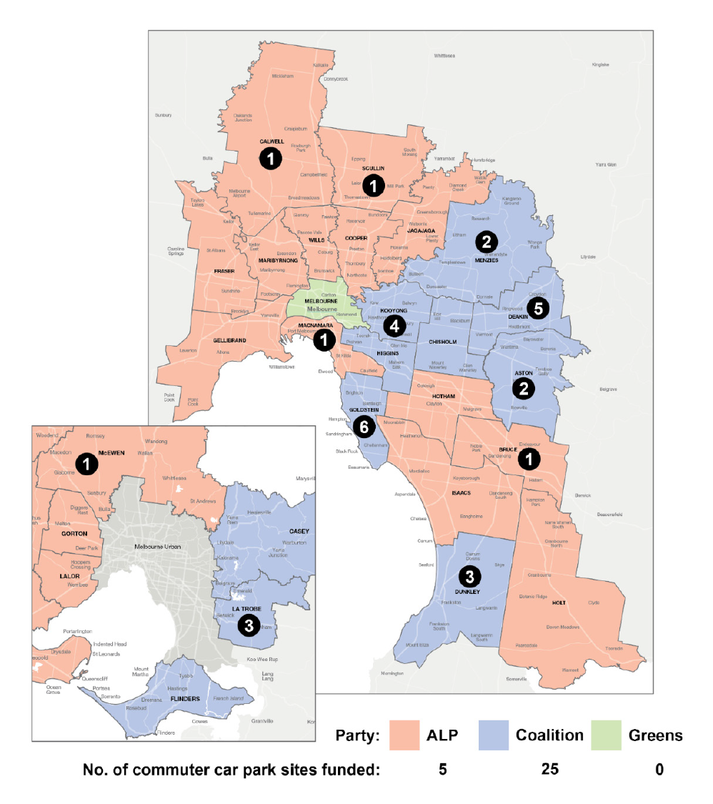 A map of the distribution of car park projects by federal electorate in Victoria. It shows there are five projects across five of the Australian Labor Party-held electorates and 25 projects across seven of the Coalition-held electorates.