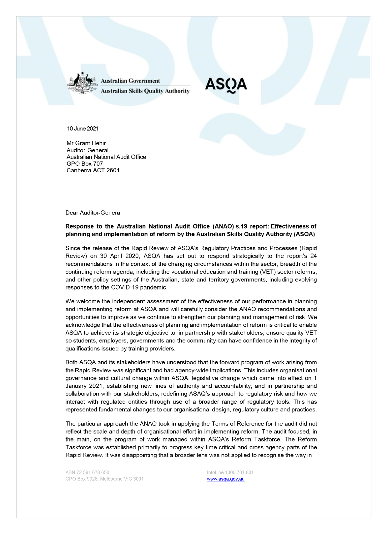 Page one of the response from the Australian Skills Quality Authority. You can find a summary of the response in the summary and recommendations chapter of this report. 