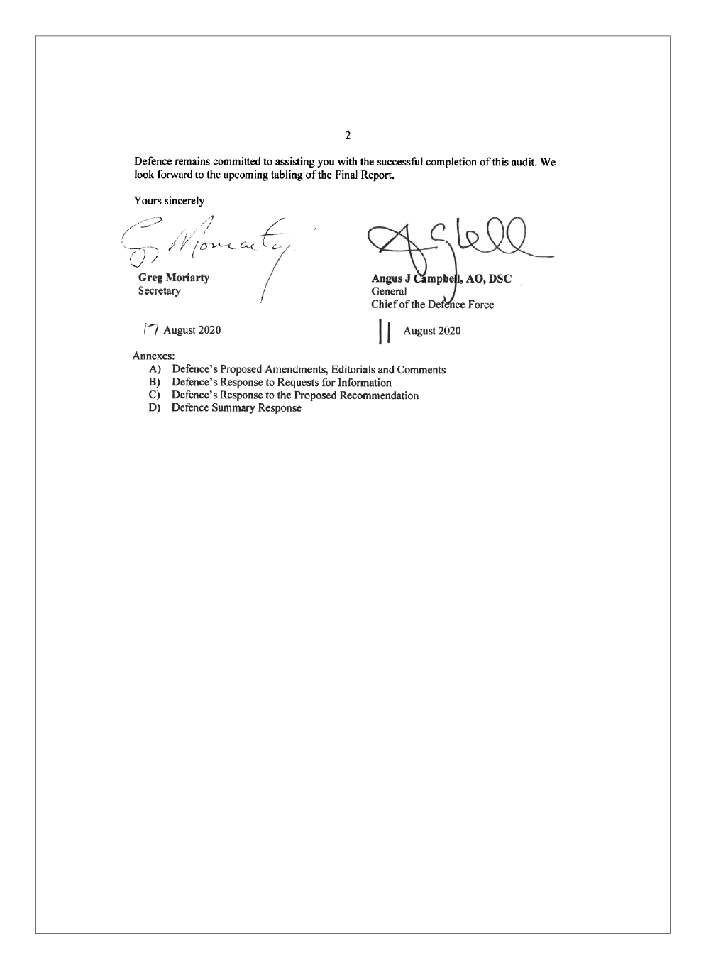 Second page of response from the Department of Defence