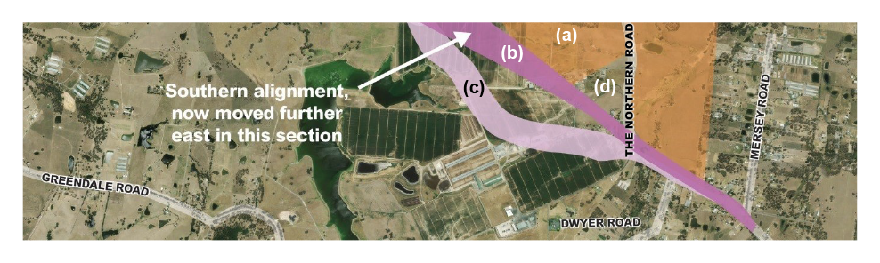 A map that shows the proposed route for the realignment of The Northern Road had been moved in an easterly direction to run along the airport boundary and along one side of the Leppington Triangle.