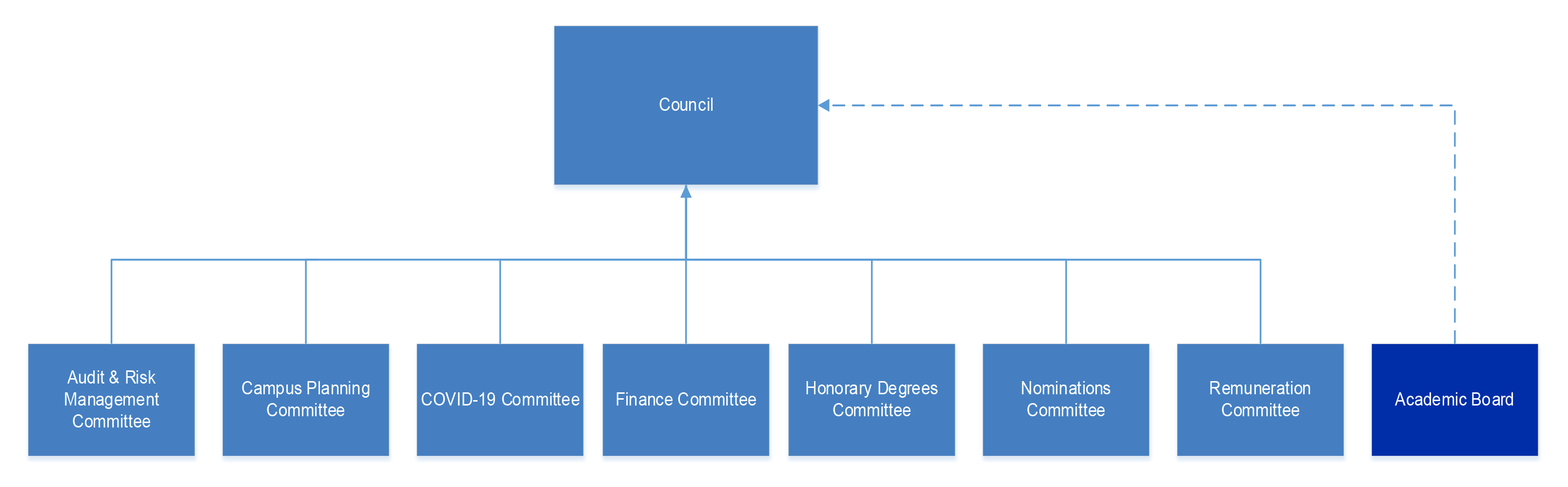 A figure that identifies the governance arrangements of the ANU. The figure identifies that in addition to the Council there are seven Council Committees as well as the Academic Board.