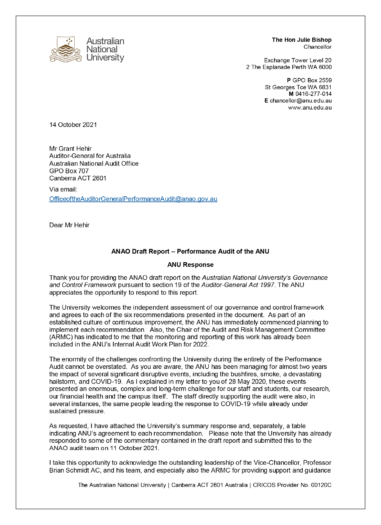 Response from the Australian National University. You can find a summary of the response in the summary and recommendations chapter of this report. 