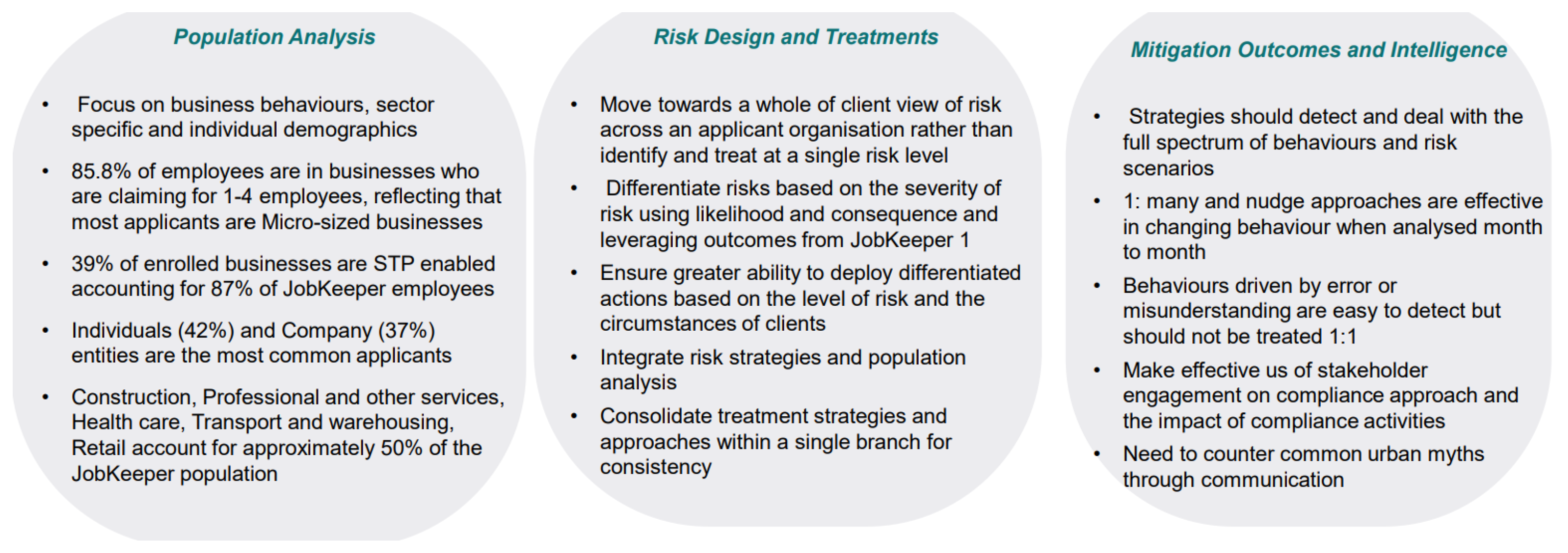 A figure identifying 15 learnings from the original JobKeeper period, organised into three groups of five under the headings ‘Population Analysis’, ‘Risk Design and Treatments’, and ‘Mitigation Outcomes and Intelligence’.