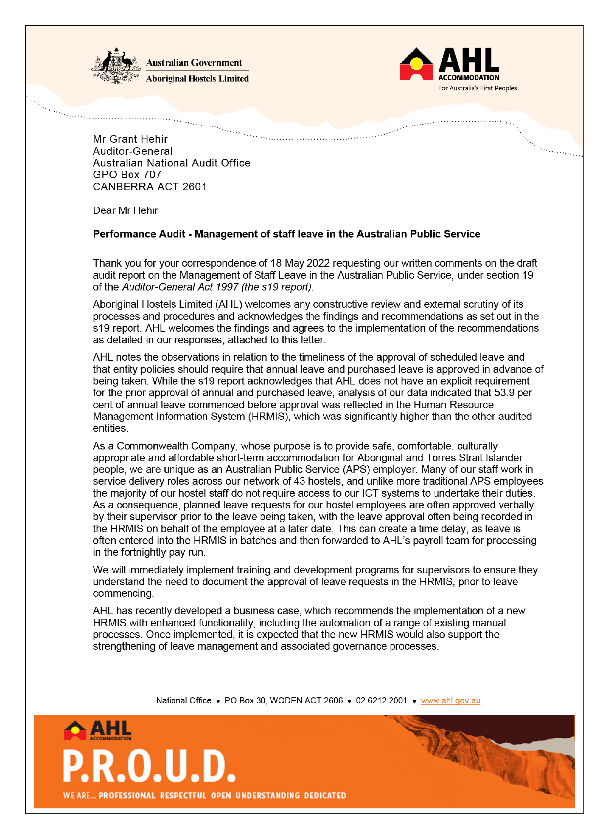 First page of the response from Aboriginal Hostels Limited. You can find a summary of the response in the summary and recommendations chapter of this report.