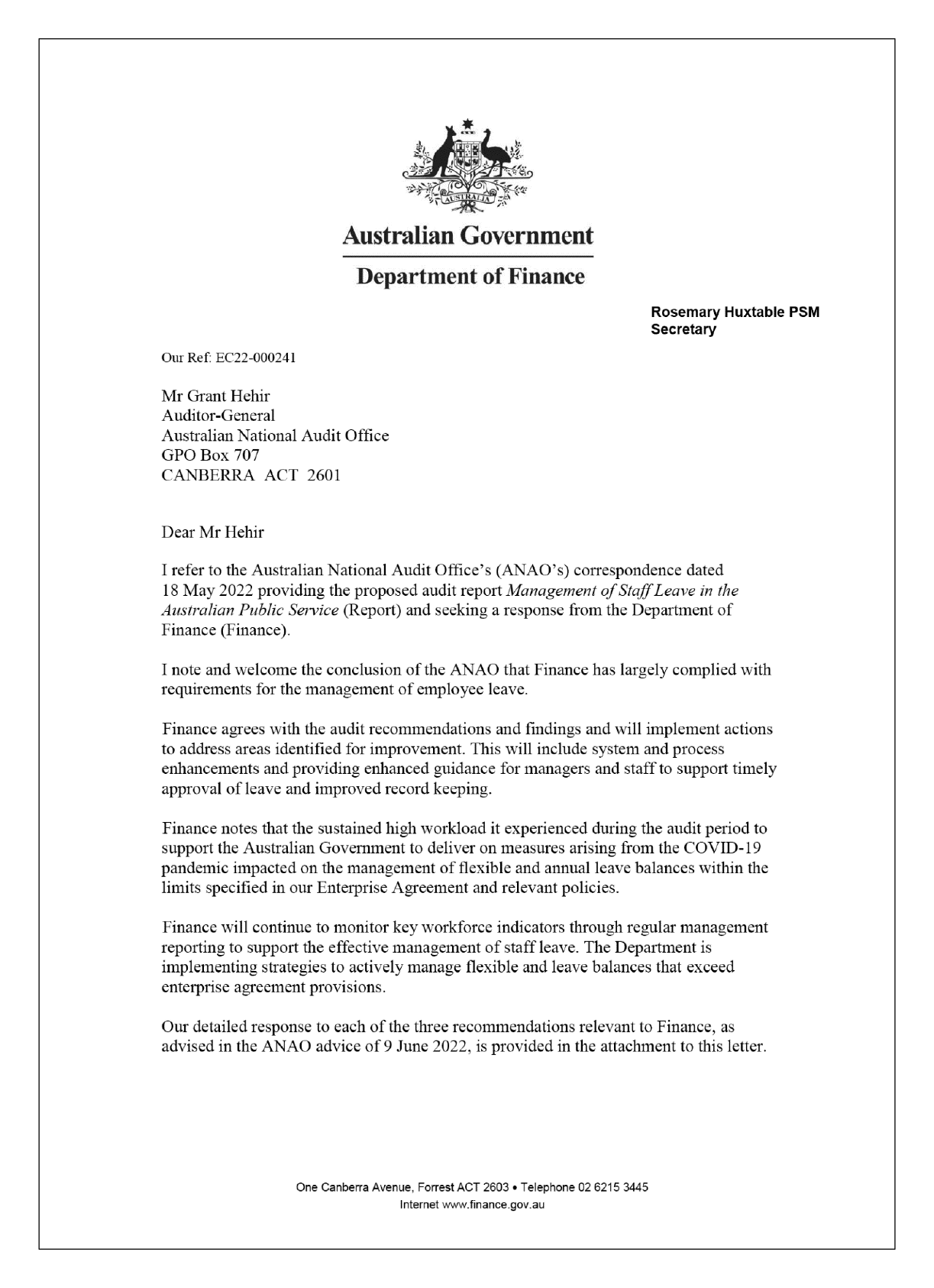 First page of the response from the Department of Finance. You can find a summary of the response in the summary and recommendations chapter of this report.