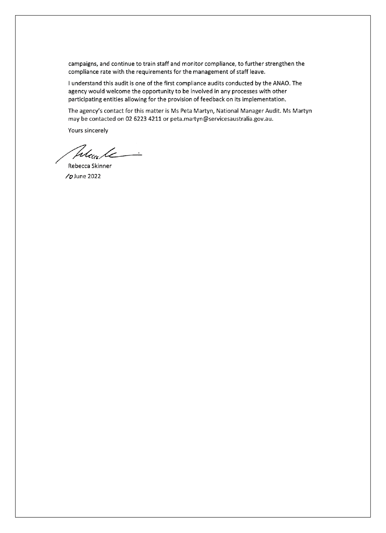 Second page of the response from Services Australia. You can find a summary of the response in the summary and recommendations chapter of this report.