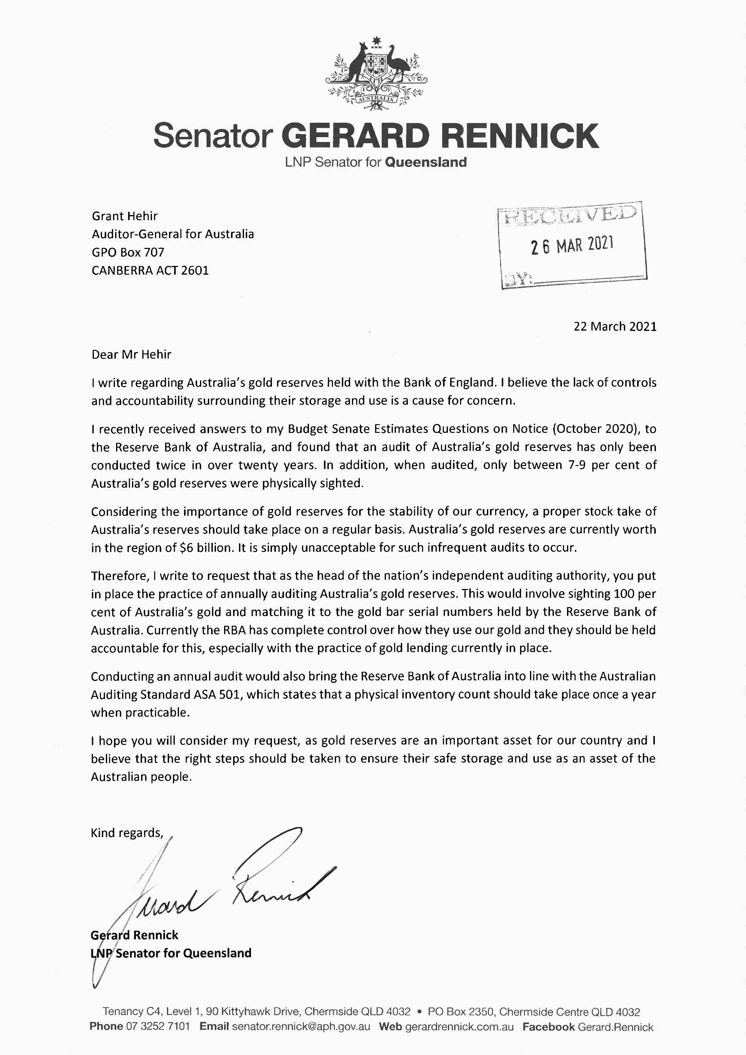 Correspondence from Senator Gerard Rennick about gold reserves. You can find a transcript of this correspondence on this page. 