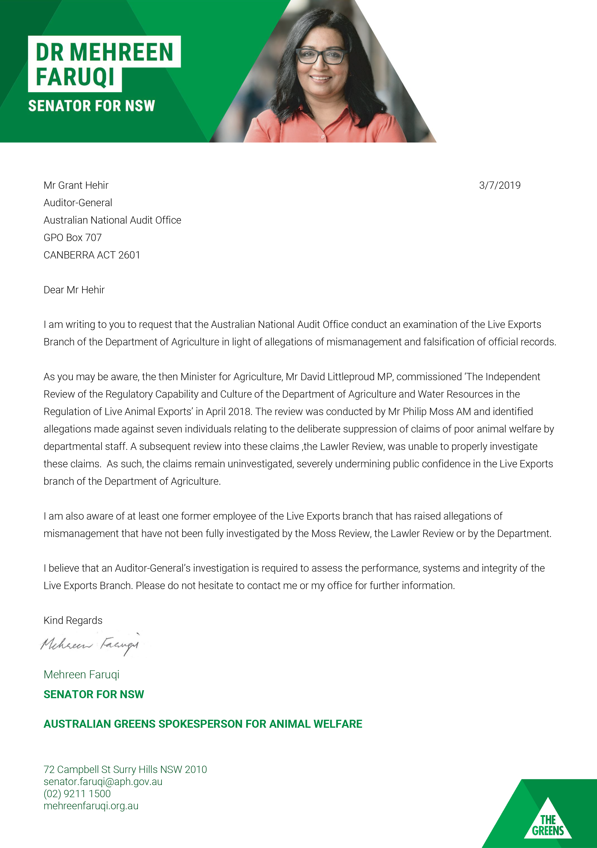 Request for audit from Senator Faruqi regarding the examination of the Live Exports Branch of the Department of Agriculture in light of allegations of mismanagement and falsification of official records