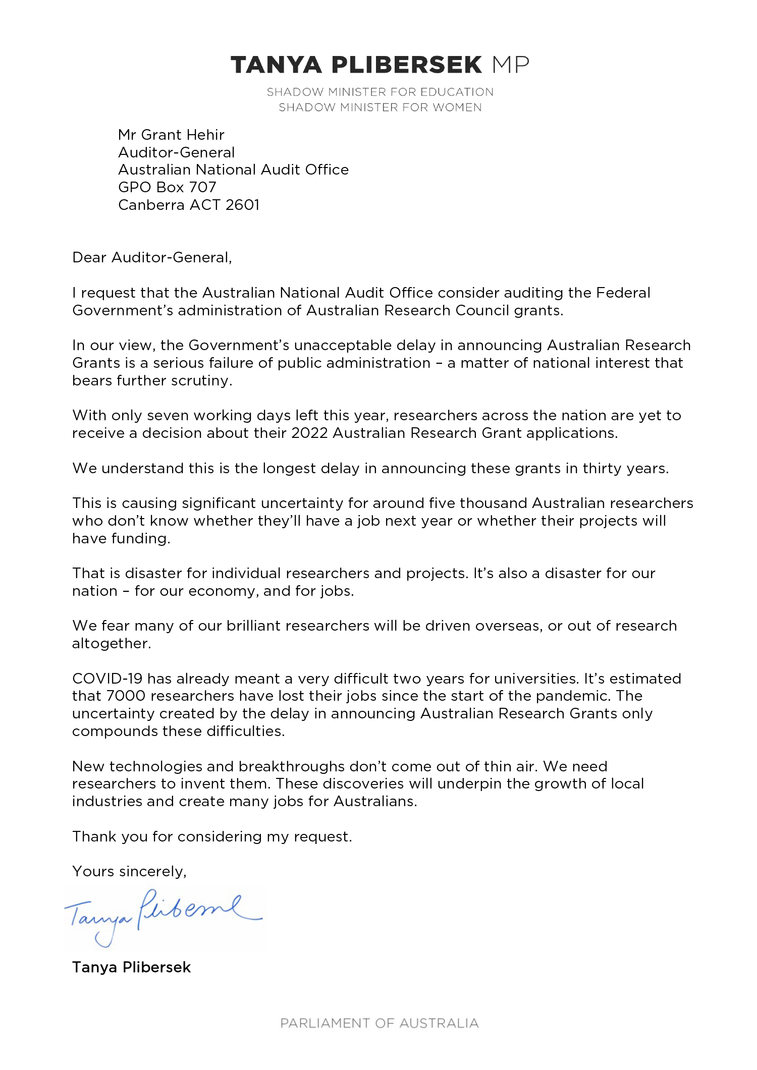 An image of the correspondence from the Hon Tanya Plibersek MP. You can find a transcript of the correspondence on this page. 