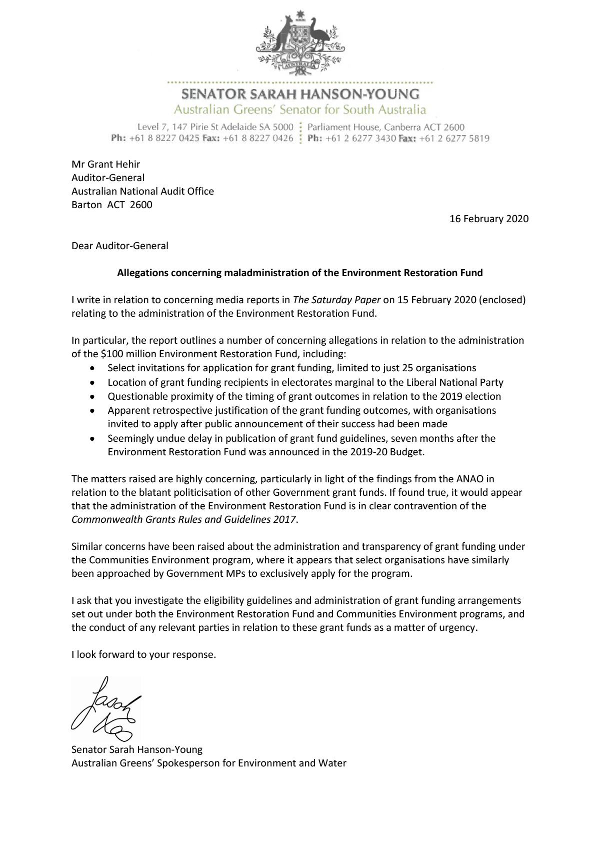 Correspondence from Senator Sarah Hanson-Young, received by the Auditor-General on 17 February 2020