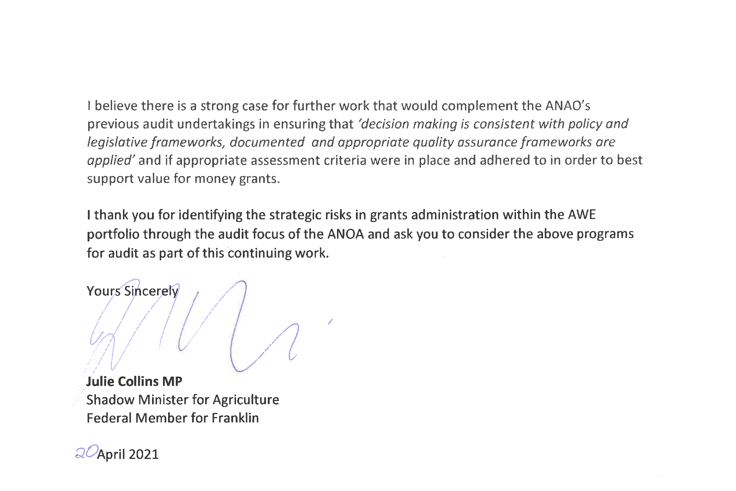 Page 2 of the correspondence from the Hon Julie Collins MP. You can find a transcript of the correspondence on this page. 