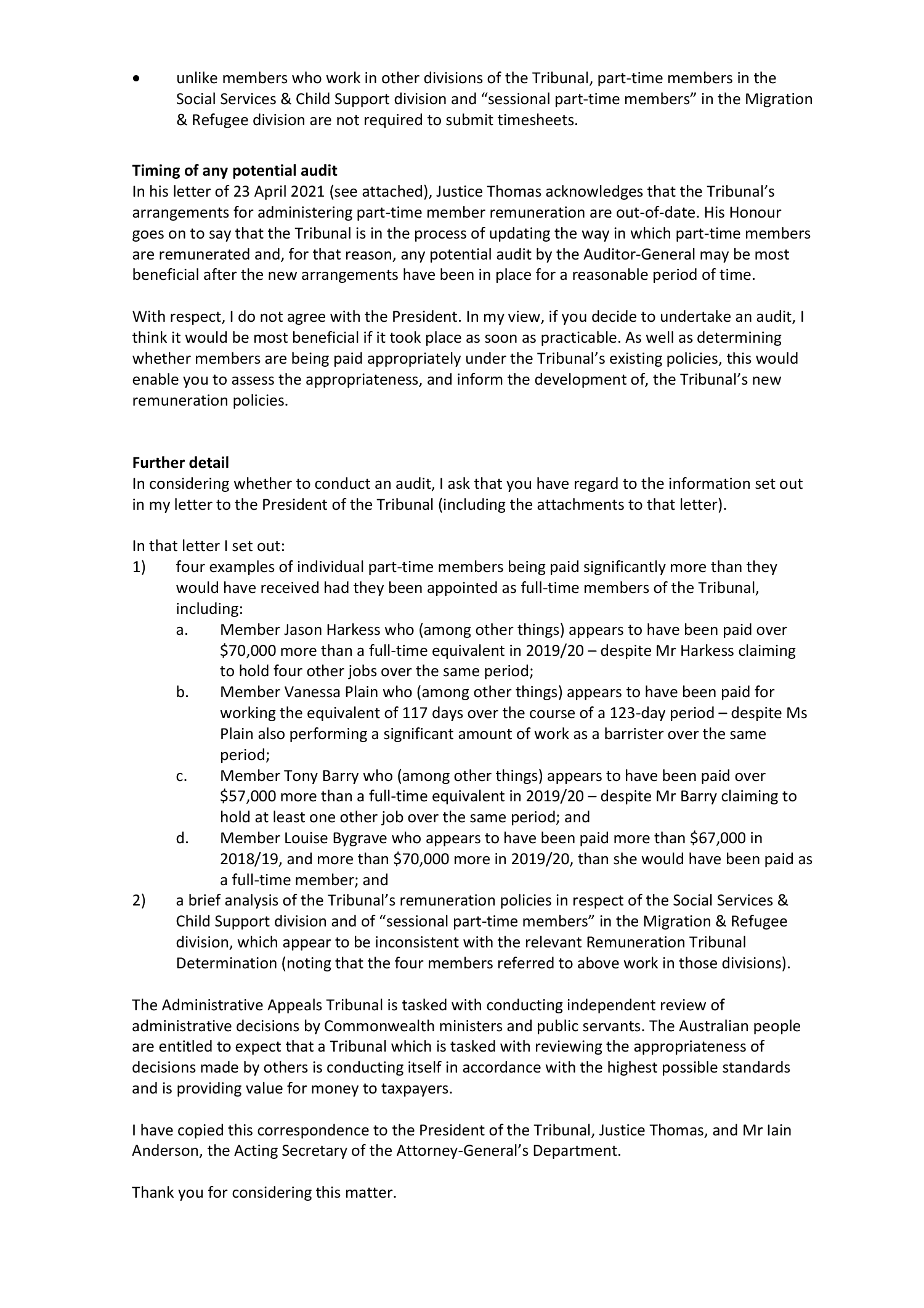 Page 3 of correspondence from the Hon Mark Dreyfus QC, MP. You can find a transcript of the correspondence on this page