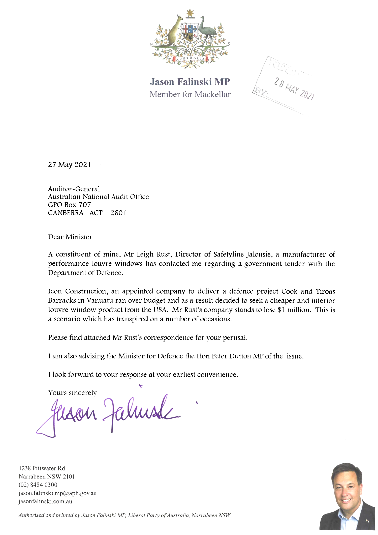 Correspondence from Mr Jason Falinski MP. You can find a transcript of the correspondence on this page. 